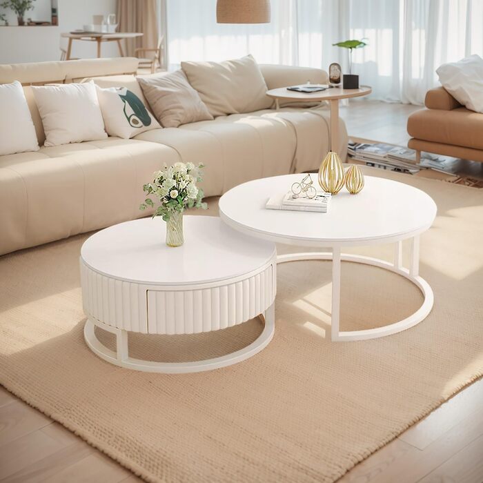 Круглий білий журнальний столик, набір із 2 сучасних столів для вітальні, круглий мармуровий журнальний столик із місцем для зберігання, дерев&39яний бічний столик, білий металевий каркас, гніздові столики для вітальні, спальні, офісу