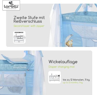 В-1 Дитяче ліжко та манеж, Ліжко-балдахін Magic Sleep з 2 рівнями, Дитяче ліжко від народження, Ліжко для подорожей, Пеленальний килимок, Колеса, Сумка, Світло-блакитний, 3-