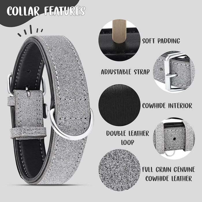 Нашийник для собак Riparo K-9, м'який, з натуральної шкіри, регульований, міцний (XL ширина 4,5 см для обхвату шиї 53,4-63,5 см, сірий/білі нитки) XL Сірий/Білі нитки