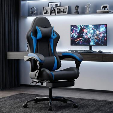 Безбрендове ігрове крісло ергономічне з регульованою висотою з підголівником, поперековою подушкою, обертове крісло для офісу, домашнього офісу, ПК, для дорослих та підлітків (чорний синій ПВХ), 0I&I0I