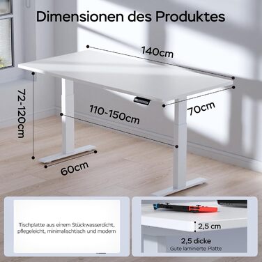 Стіл з регулюванням висоти та двома двигунами, цільна стільниця 25 мм, інтелектуальне керування з 4 налаштуваннями пам&39яті, вантажопідйомність 35 кг, тихий &lt45 дБ (білий білий, 140 см x 70 см) Білий білий 140 см x 70 см