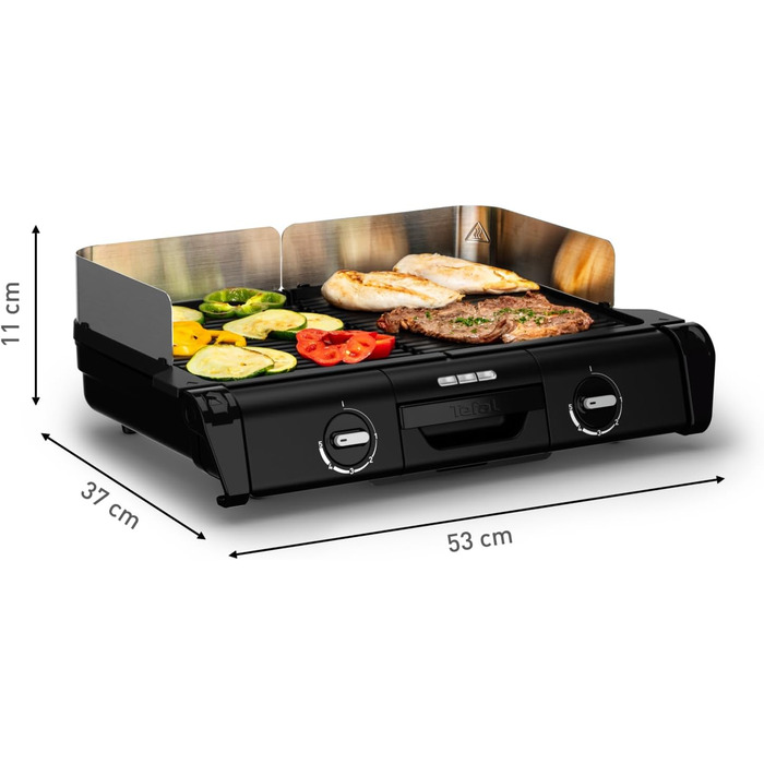 Електричний настільний гриль Tefal BBQ Family, 2 окремі зони з термостатами, антипригарні чавунно-алюмінієві пластини, підходять для посудомийки, глибокі жолобки, чорний/сріблястий, TG800N10