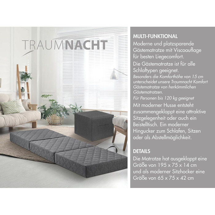 Гостьовий матрац Traumnacht de Luxe з високоякісним в&39язкоеластичним топпером та сучасним чохлом, 75 x 195 x 14 см, світло-сірий, виготовлений за німецькими стандартами якості. Гостьовий матрац чохол