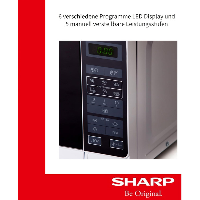 Мікрохвильова піч Sharp R242INW Solo / 20 л / 800 Вт / 5 рівнів потужності / 8 автоматичних програм / Розморожування з регулюванням ваги та часу / Блокування від дітей / Режим енергозбереження / Скляне поворотне блюдо (25,5 см) / Срібло