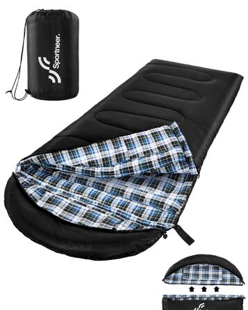 Спальний мішок Sportneer для активного відпочинку - Фланелевий зимовий спальний мішок 220 x 85 см, Компактний спальний мішок-ковдра на 3-4 сезони, Холодна погода, Зимовий кемпінг на свіжому повітрі, Чорний