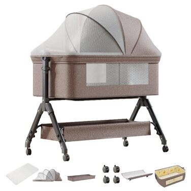 Портативна тумбочка, регульована по висоті, з кошиком для зберігання з москітної сітки, сіро-чорна (хакі)