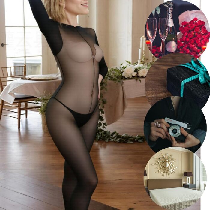 Сексуальний жіночий бодістокінг з прозорої сітки, чорний, довгі рукави, з відкритим доступом в інтимній зоні
