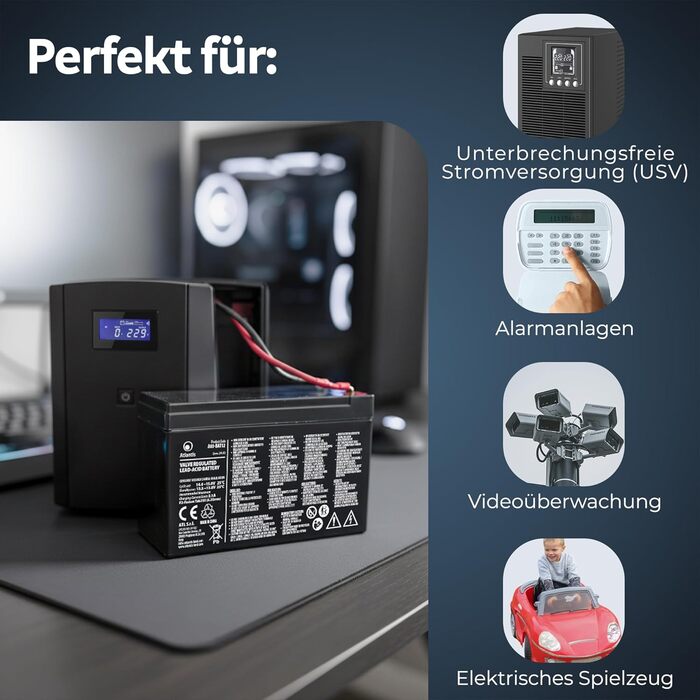 Свинцево-кислотний акумулятор Atlantis 12 В 7 Аг герметичний (VRLA), підходить для груп переривання ДБЖ, відеоспостереження, систем сигналізації, електромобільності, іграшок, роз&39єм Faston F2 6,3 мм, A03-BAT12-7.0A