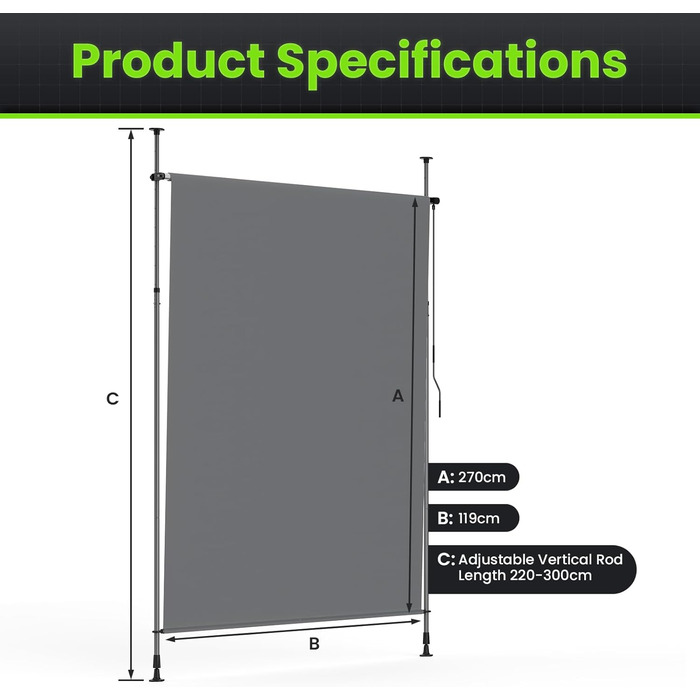 Вертикальний тент YEAUPE PRO для вулиці, 119 x 270 см, темно-сірий, не потребує свердління, кріплення тенту за допомогою ручної рукоятки, підходить для балкона, тераси, відкритого майданчика та саду, всепогодний екран для забезпечення конфіденційності 119