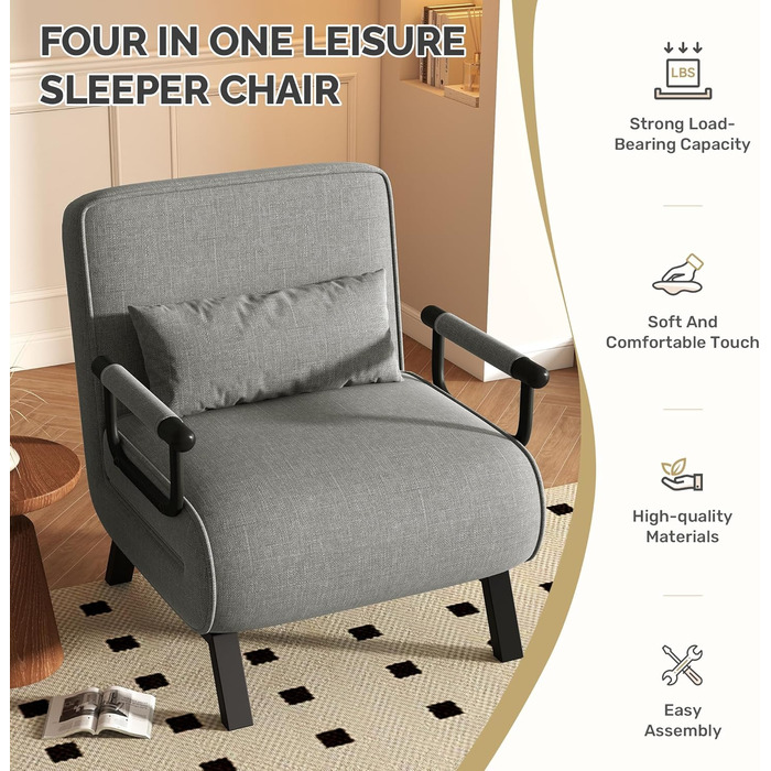 Крісло-ліжко 4-в-1, диван-ліжко, компактне гостьове ліжко, крісло-реклайнер з регульованою спинкою, вантажопідйомність 150 кг, металевий каркас та лляне темно-сіре одне ліжко темно-сірого кольору