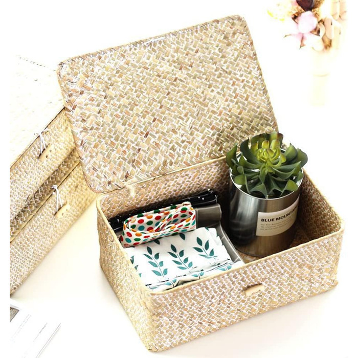 Кошик для зберігання морської трави з кришкою, плетена прямокутна ротангова скринька ручної роботи для іграшок, одягу, книг, ключів, органайзера для макіяжу, набір з 3 полиць-кошиків