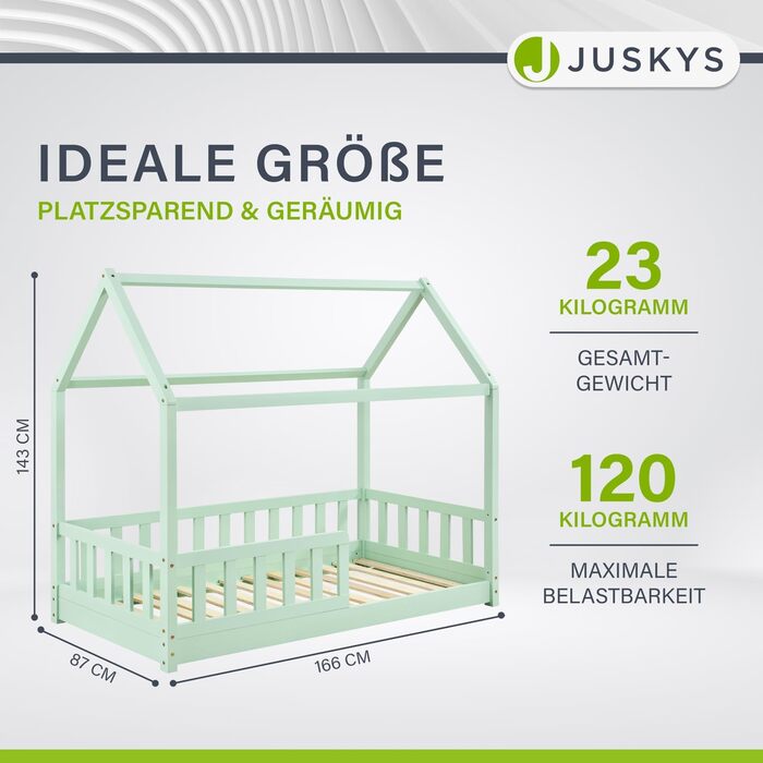 Дитяче ліжко Juskys Marli 80 x 160 см із захистом від випадіння, рейковим каркасом і дахом - дитяче ліжко для дому з масиву дерева