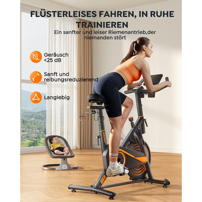Велотренажер із застосунком, ультратихий, ергономічний дизайн, РК-дисплей з вимірюванням пульсу, магнітний опір, маховик 15 кг, до 160 кг, помаранчевий