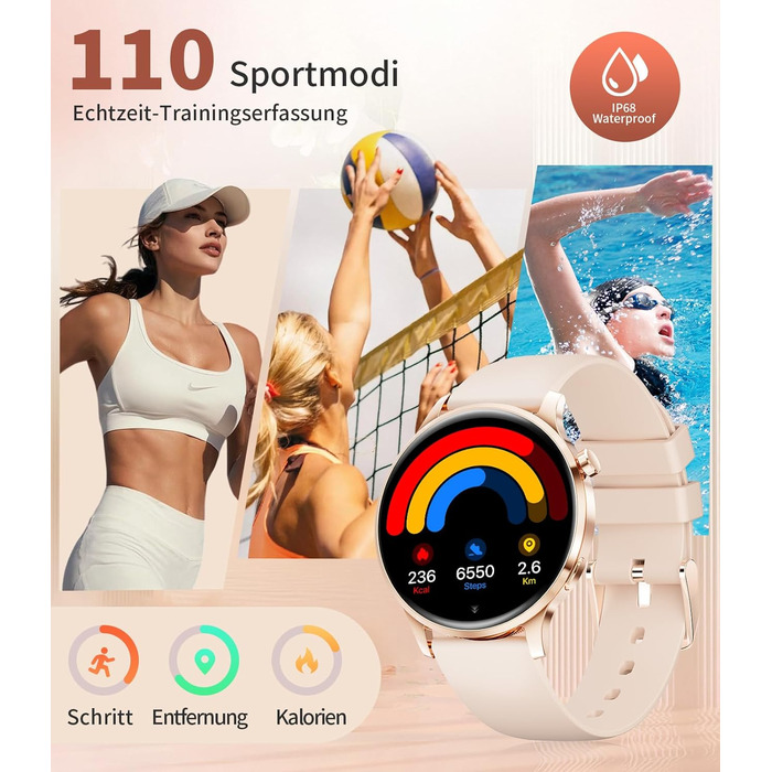 Жіночий смарт-годинник із функцією телефону, 1,32-дюймовий HD AMOLED-дисплей, елегантний наручний годинник для iOS та Android, понад 100 спортивних режимів, фітнес-годинник, крокомір, 24-годинний монітор серцевого ритму, монітор сну, водонепроникність IP6