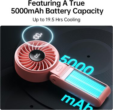 Потужний портативний вентилятор зі світлодіодним дисплеєм, максимум 19,5 годин, 5000 мАг, ручний/настільний/нашийний вентилятор 3-В-1, міні-вентилятор для подорожей (рожевий), 7, 2024
