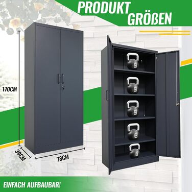 Шафа для документів Ondis24, багатофункціональна шафа, із замком, регульовані полиці, міцна, довговічна, подвійні двері з магнітними дверцятами та ручками, надійна, шафа для інструментів, офіс, майстерня, гараж (антрацит, 170) Антрацит 170