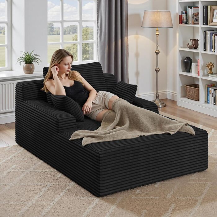 Сучасний вельветовий диван без кісток з функцією сну Диван Хмара з шезлонгом, 3 подушки, зручний диван для вітальні, не потребує складання чорна вельветова тканина
