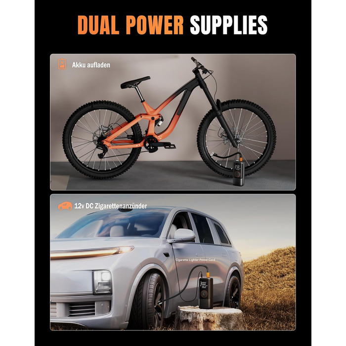 Електричний повітряний насос з акумулятором, повітряний насос 150 PSI для велосипедів, портативний міні-компресор з манометром та подвійним світлодіодним дисплеєм, електричний насос для накачування шин 12 В постійного струму для автомобілів, мотоциклів, в