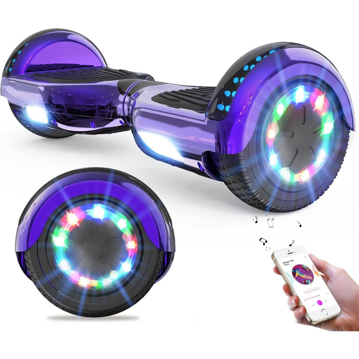 Гіроскутери GeekMe 6,5 дюймів з двома двигунами, 2 колесами та світлодіодними ліхтарями, Bluetooth, фіолетовий колір