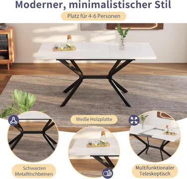 Розкладний обідній стіл Soweiz білий 120/160Д x 80Ш x 75В (см), чорні металеві ніжки, білий прямокутний обідній стіл, підходить для чотирьох-шести осіб, білий чорний 120/160Д x 80Ш x 75В (см)