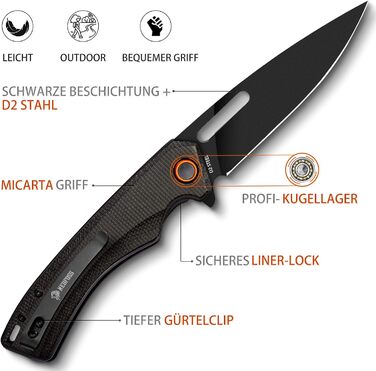 Складаний ніж NedFoss MAMBA, одноручний ніж зі сталі 9CM D2 з рукояткою Micarta, кишеньковий ніж з лайнерним замком та шарикопідши