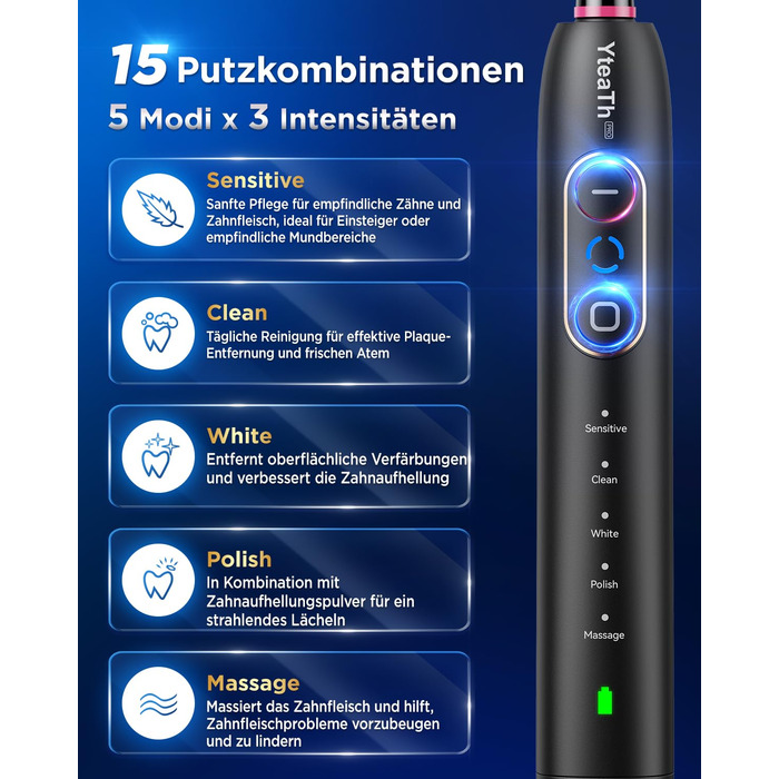 Електрична зубна щітка з обертанням для дорослих та дітей, 8 насадок (2 типи), 3 рівні інтенсивності, 5 режимів, з настінним тримачем та зарядною станцією, таймер чищення 2 хвилини, чорний колір, (в упаковці)