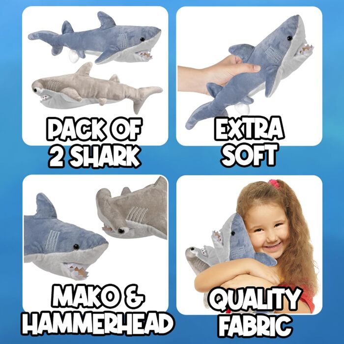 Плюшевий набір акул Bedwina, мако та акула-молот, 35х33 см