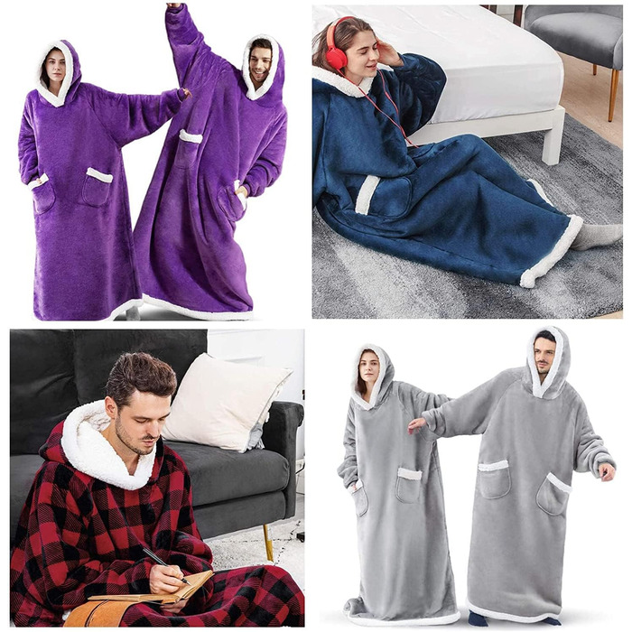 Затишна ковдра з рукавами, Велика м&39яка ковдра з капюшоном, Светр з шерпа-капюшоном для жінок та чоловіків, Пухнаста фланелева ковдра для телевізора з рукавами, Портативна ковдра на все тіло, Синій