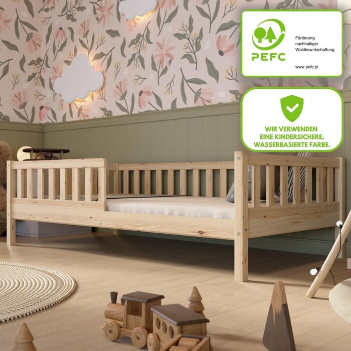 Дитяче ліжко 80x160 см Високе підлогове ліжко Монтессорі з дерева із захистом від падіння Безпечне дитяче ліжко Скандинавський дизайн, легке складання Crazy Basic 160 x 80 см Натуральне дерево Високе