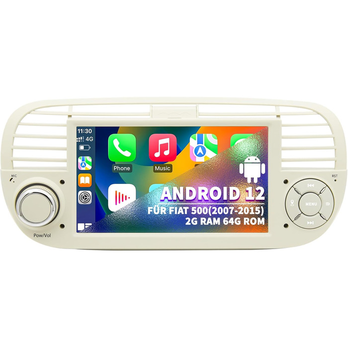 Автомобільна радіо для FIAT 500 2007 2008 2009 2010 2011 2012 2013 2014 2015, система Android 12 2G64G з GPS-навігацією CarPlay Android Auto, 7-дюймовий сенсорний IPS-екран Wi-Fi Bluetooth FM-радіоприймач