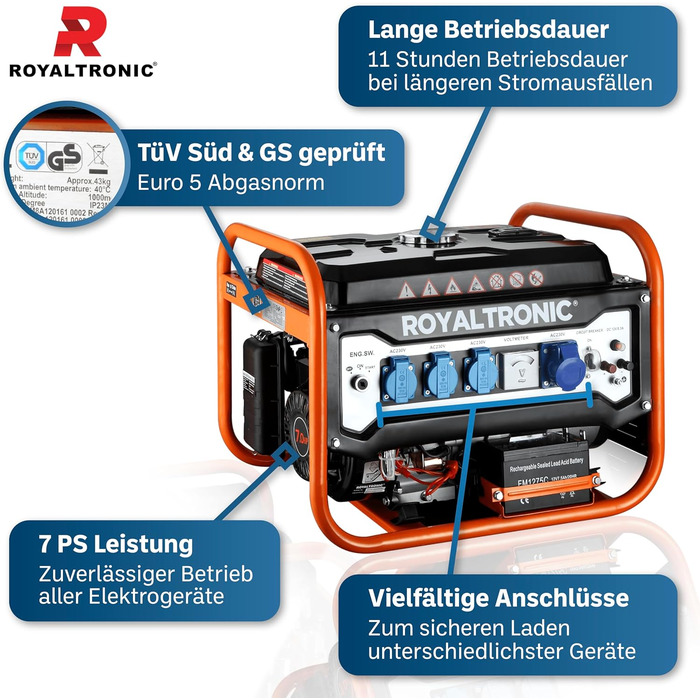 Генератор Royaltronic Генератор електроенергії RT9500E електричним запуском Бензиновий генератор електроенергії з ключем в складі акумулятора Євро5