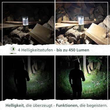 Світлодіодний ліхтар для кемпінгу, 450 люмен перезаряджається з акумулятором та зовнішнім акумулятором (4000 мАг), до 150 годин роботи, водонепроникний IP44, лампа для намету, ліхтар та ліхтарик, USB-C, вуличний ліхтар для кемпінгу та надзвичайних ситуаці