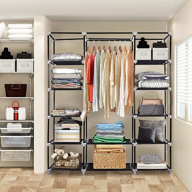 Тканинна шафа Ribelli з 12 відділеннями та вішалки для одягу, приблизно 175 x 150 x 45 см, Складана шафа з вілу, Шафа для спальні, вітальні, гардеробної, Сірий, 12 відділень, Сірий