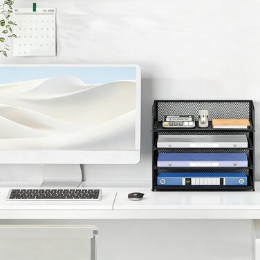 Металевий лоток для листів/документів А4, 4 відділення, лоток для паперу, що штабелюється, система подачі з сітчастою структурою та ручкою, чорний, компактний, 32,8 x 24,7 x 27,6 см, 4 відділення - чорний