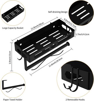 Підставка для спецій з тримачем для кухонних рулонів та гачками, настінна підставка для спецій (не потребує свердління), органайзер для спецій для кухні, чорний