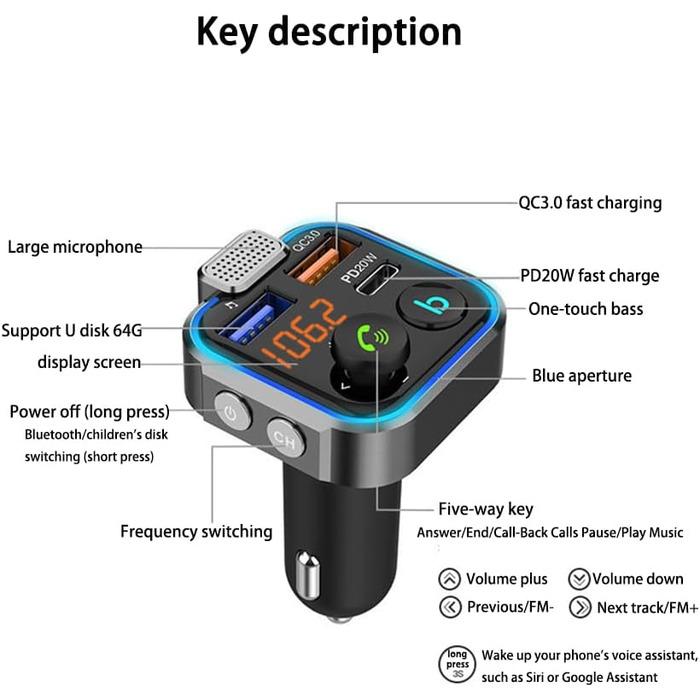 Автомобільний FM-передавач, бездротовий адаптер Bluetooth 5.0 FM-радіо з 2 портами USB (QC3.0 Type-C PD 20 Вт), автомобільний комплект з функцією гучного зв'язку, підтримка басового музичного плеєра, USB-накопичувач