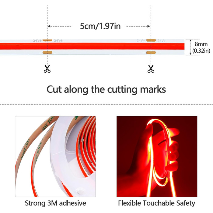 Світлодіодна стрічка 3000K Світлодіодна стрічка тепла біла 384 світлодіоди/м Самоклеюча світлодіодна стрічка CRI 93 Висока яскравість 6800 лм Неводонепроникна світлодіодна стрічка IP20 для прикраси внутрішнього будинку (тільки стрічка) (червона, 5 метрів)