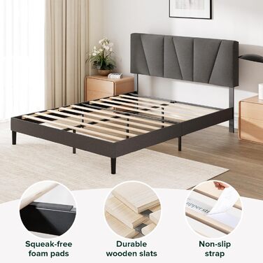 Каркас двоспального ліжка Zinus Maya - Ліжко 135 x 190 см - Висота 30 см - М&39який каркас ліжка-платформи з узголів&39ям - Дерев&39яна рейкова опора - Темно-сірий