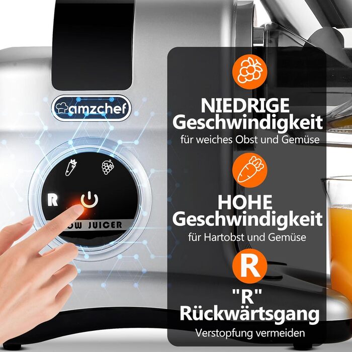 Соковижималка AMZCHEF з великим жолобом подачі 80 мм - Соковижималка 150 Вт Повільна соковижималка з 2 режимами швидкості та функцією повернення - Соковижималка для цілих овочів та фруктів Переможець тесту - Silver Juicer Silver