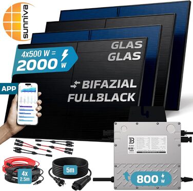 Двофазна балконна електростанція SUNNIVA 2000 Вт, повністю чорна, з розеткою, інвертор BENY 800 Вт, фотоелектрична сонячна система, 4 сонячні модулі зі скла по 500 Вт, вкл. кабель 5 м, Wi-Fi, повний комплект