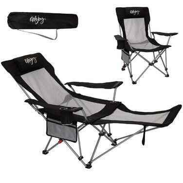 В-1 кемпінгове крісло 180 кг з підставкою для ніг, пляжне крісло з 4-позиційною регульованою спинкою, складне крісло-реклайнер з підсклянником, кемпінгове крісло для використання на свіжому повітрі, , чорний колір, 2-