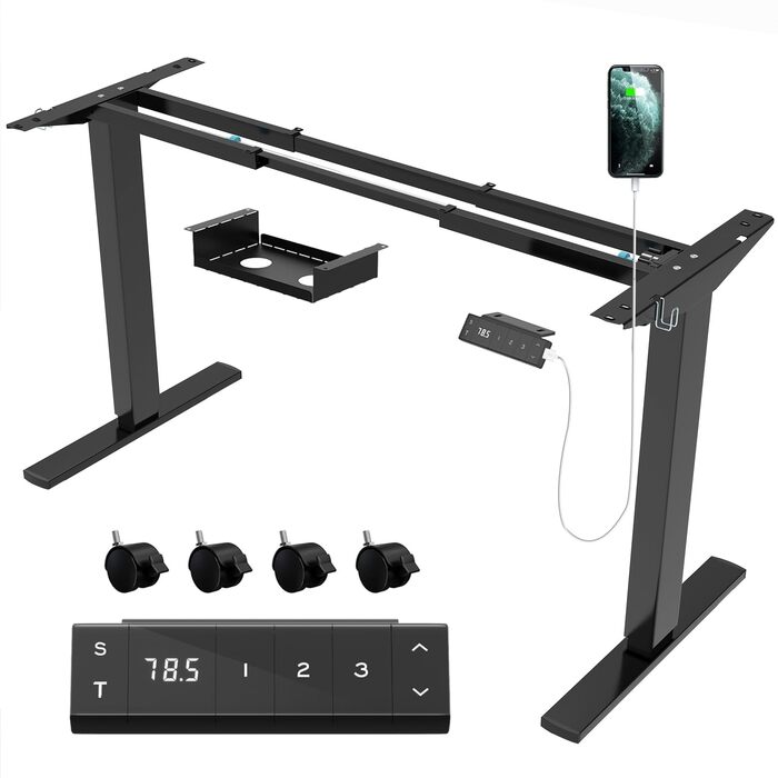 Каркас столу JUMMICO з регульованою висотою, USB-портом та кабельним лотком, електрично регульований каркас столу з колесами, стіл для роботи стоячи (чорний)