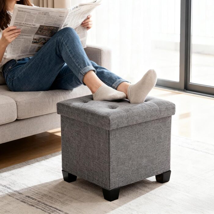 Пуф для зберігання Sweetcrispy, невелика складна лавка, 38 x 38 x 38 см, коробка для зберігання з кришкою як табурет та пуф для ніг, вантажопідйомність до 300 кг, для вітальні, спальні, коридору, темно-сірий