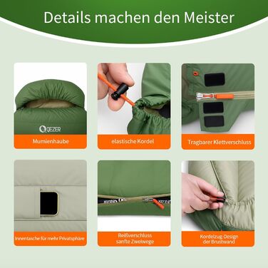 Пуховий спальний мішок, 3-4 сезони, надзвичайно великий спальний мішок 230 см x 100 см, легкий та теплий пуховий спальний мішок, підходить для дорослих для кемпінгу на свіжому повітрі, піших прогулянок та походів, зелений