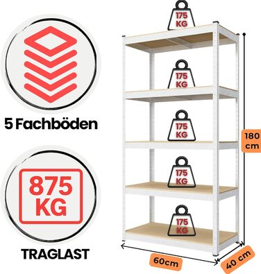 Міцний стелаж 180x60x40 см, безболтовий стелаж, оцинкований, з 5 полицями з МДФ та вантажопідйомністю 175 кг, металевий стелаж, гаражний стелаж або стелаж для зберігання, стелаж для підвалу, стелаж для комори, стелаж для майстерні, металевий 180x60x40 - п