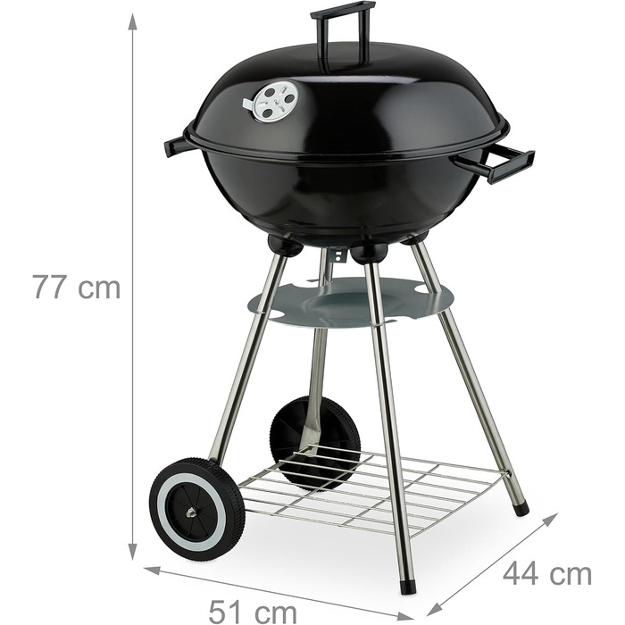 Вугільний гриль-куля, діаметр 44 см, решітка для грилю, гриль-куля з попільником, вугільний гриль на колесах, BBQ, чорний