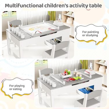 Дитячий стіл MAMIZO з 2 стільцями, дерев&39яний дитячий стіл та комплект стільців, дитячий комплект сидіння з місцем для зберігання та рулоном паперу, стіл для малювання та рукоділля, художній стіл для дітей від 3 років, сірий