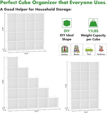 Кубоподібна полиця для зберігання, 16 кубічних полиць, шафа, модульна пластикова полиця своїми руками, ідеально підходить для спальні, вітальні, офісу, 122 см Д x 31 см Ш x 122 см В, молочно-білий, UPCS16M 16 кубів