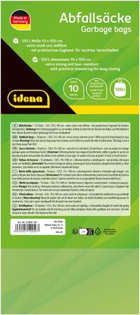 Набір пакетів для сміття, 5 рулонів по 10 пакетів у кожному, сині, 120 літрів, 40 мкм надзвичайно міцні та стійкі до розривів, з практичним шнурком, пакети зі шнурком синього кольору, 5 рулонів, 50056-5 -