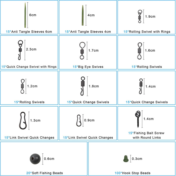 Вертлюги для риболовлі на коропа Набір застібок Матовий чорний Швидкозмінний роликовий поворотний пристрій Швидкісні ланки Захист від заплутування Втулки Гачки Стопори Намистини Гвинти Оснащення з коробкою для рибальських аксесуарів, 300 шт.